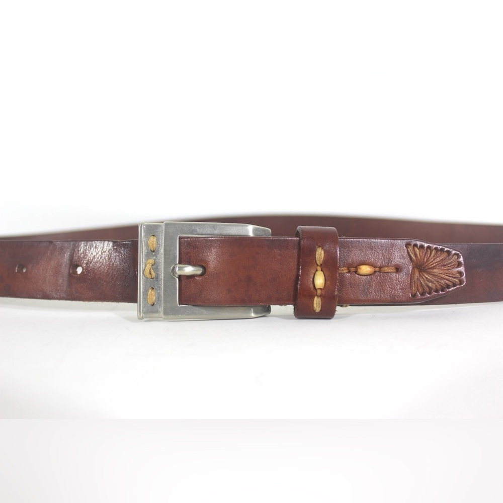 Distressed Italian Brown Leather Belt with Stitching and Beads